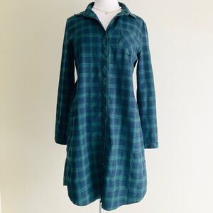 Green Plaid Long-Sleeve Button Dress